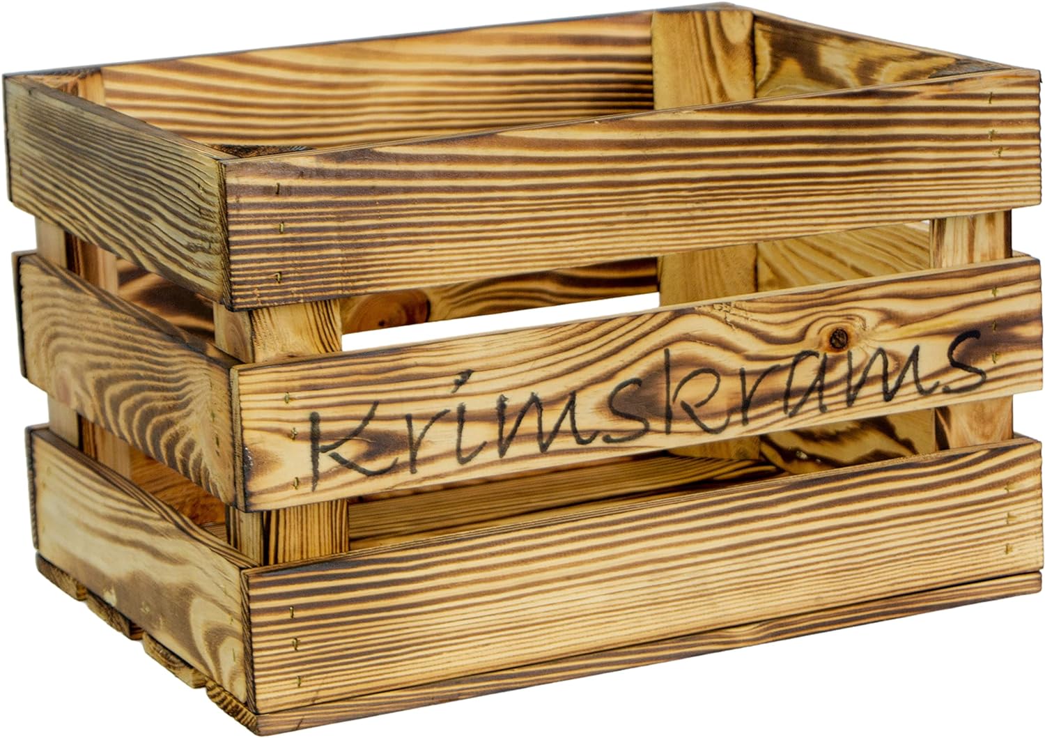 Holzkiste mit Aufschrift Krimskrams Geflammt, 40x30x25cm Holzkiste mit Aufschrift Krimskrams Geflammt, 40x30x25cm