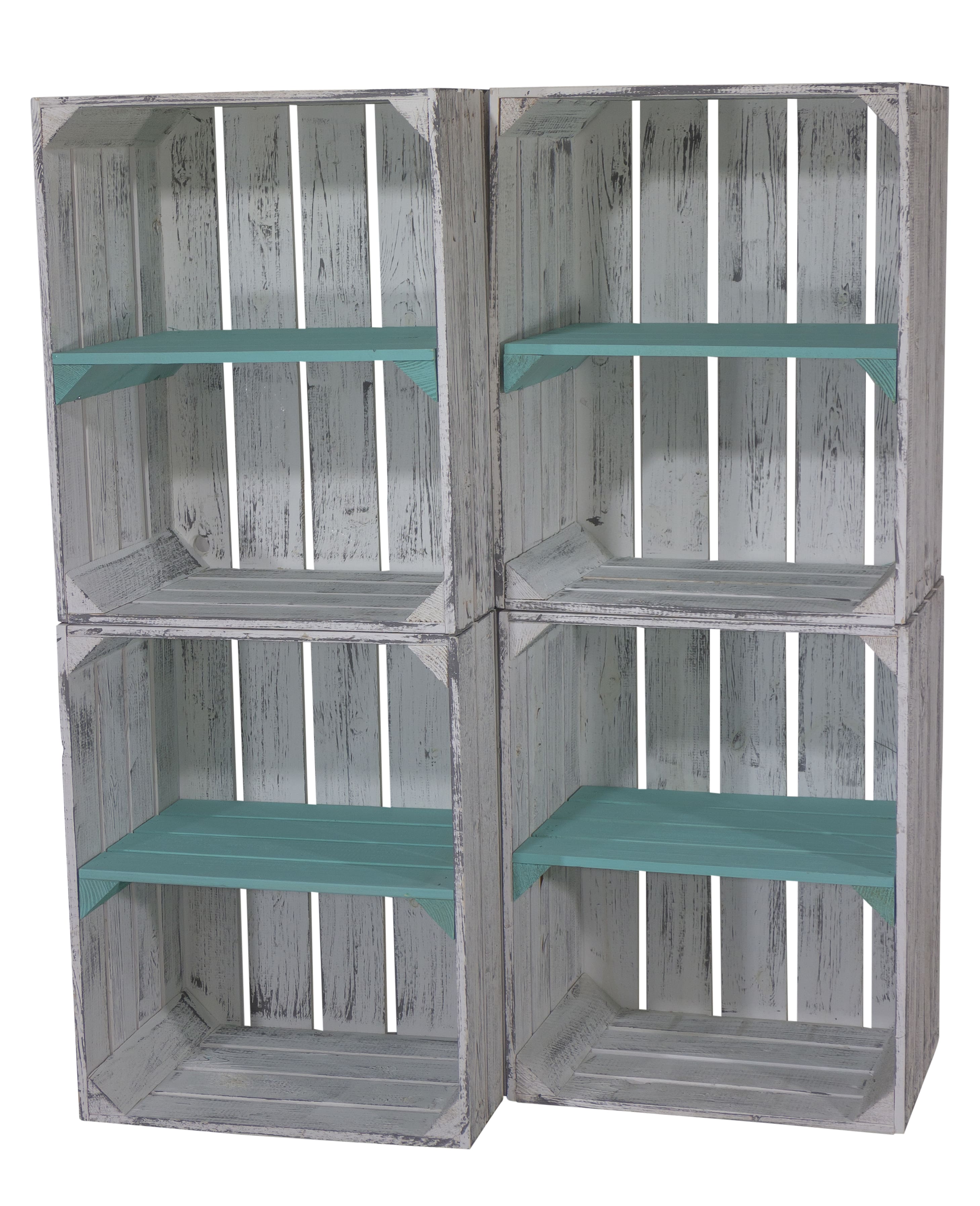 Shabby graue Obstkiste mit türkisem Mittelbrett -quer- 50 x 40 x 30cm