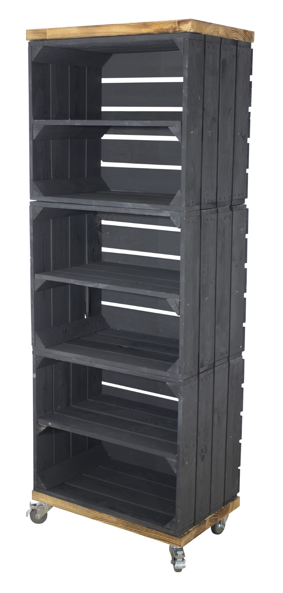 Regal aus 3 schwarzen Obstkisten mit 2 Bohlenbrettern in geflammt auf Rollen 133x50x30cm Regal aus 3 schwarzen Obstkisten mit 2 Bohlenbrettern in geflammt auf Rollen 133x50x30cm