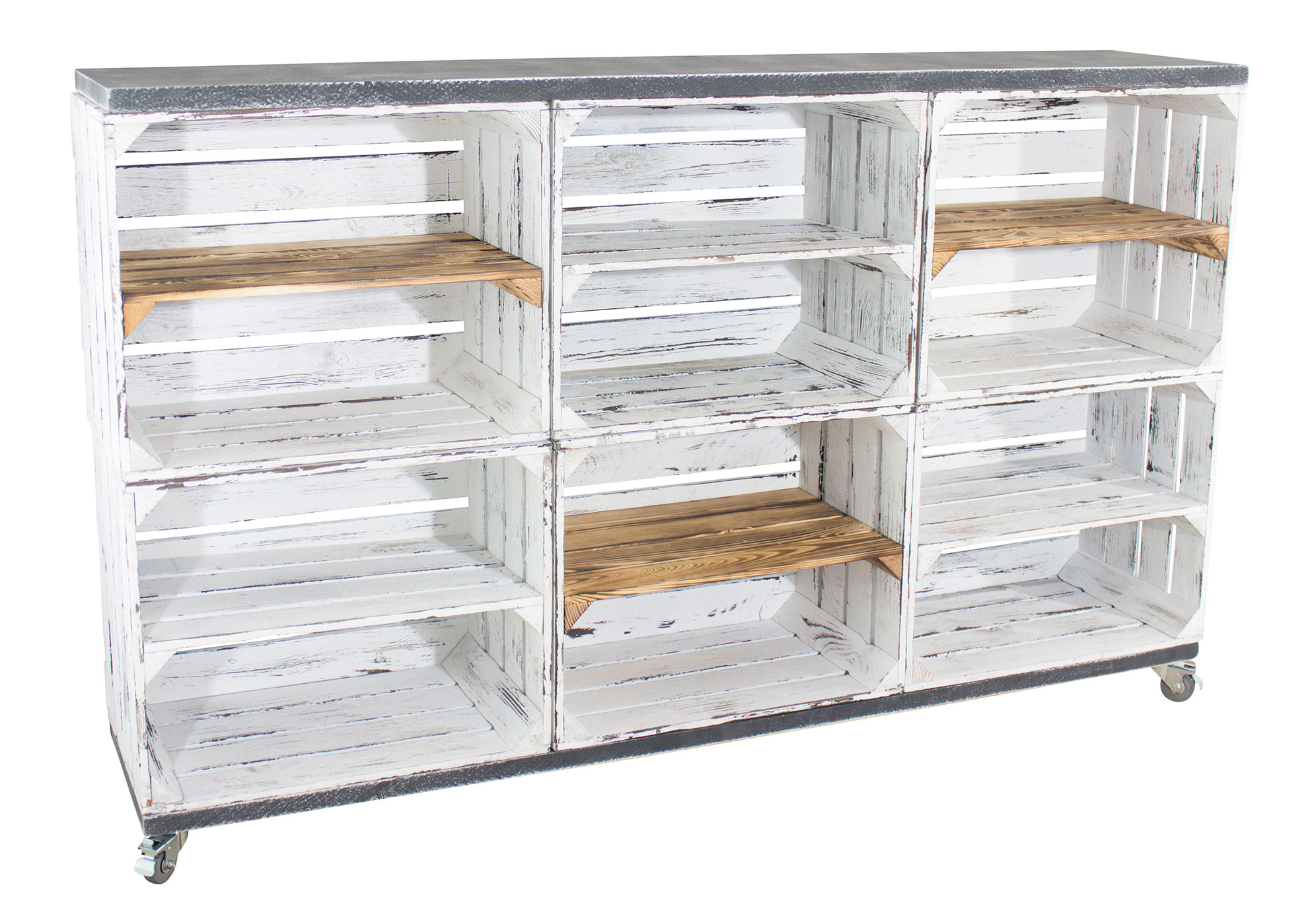 Kommode aus 6 Kisten in grau vintage mit 3 geflammten Mittelbrettern und 2 Bohlenbrettern in shabby schwarz auf Rollen, 150x93x30 Kommode aus 6 Kisten in grau vintage mit 3 geflammten Mittelbrettern und 2 Bohlenbrettern in shabby schwarz auf Rollen, 150x93x30