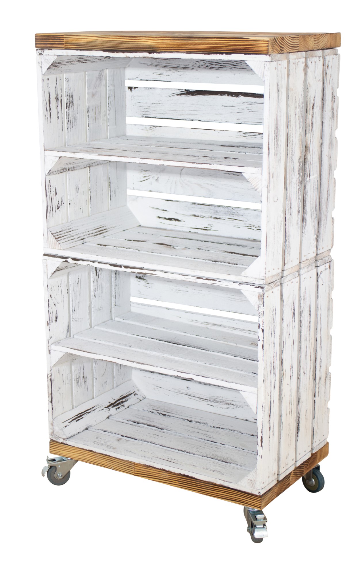 Regal aus 2 shabby weißen Kisten mit 2 geflammten Bohlenbrettern auf Rollen 93x50x30 Regal aus 2 shabby weißen Kisten mit 2 geflammten Bohlenbrettern auf Rollen 93x50x30