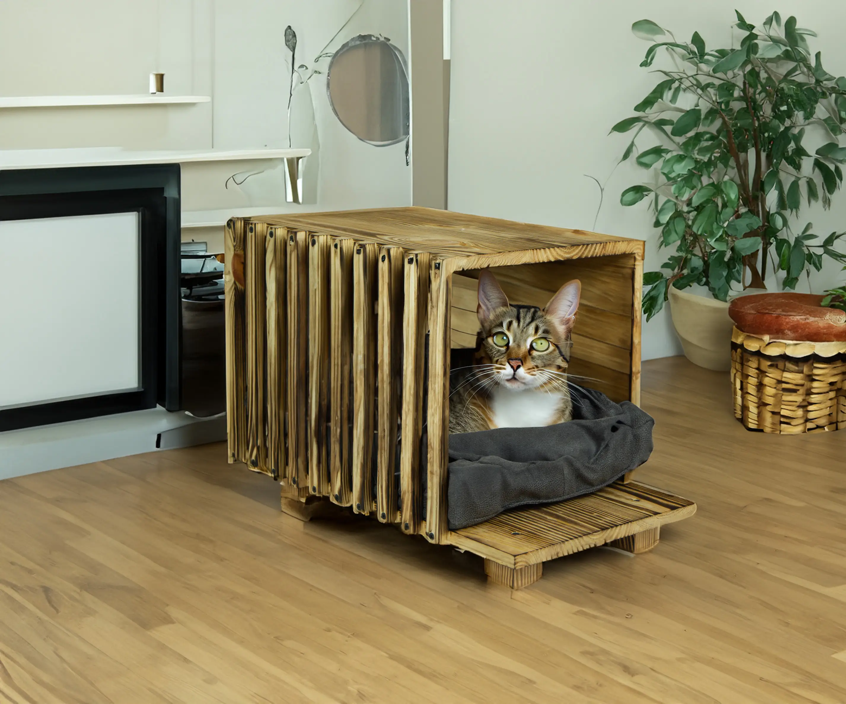 Katzenbett in geflammt mit Kissen Katzenhöhle 50x30x34cm