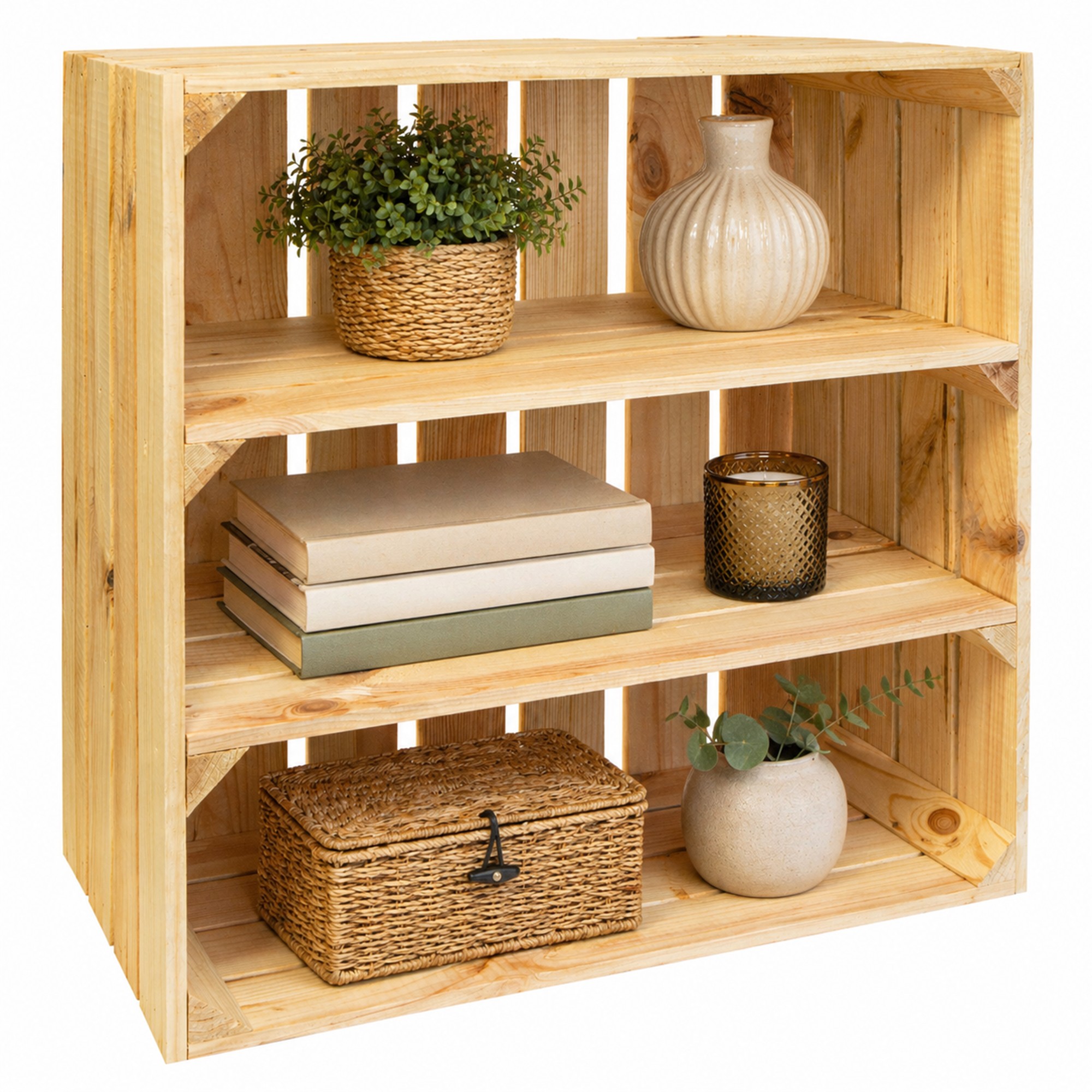 Regalkiste Tamme Natur mit 3 Fächern Natur 55x55x30cm
