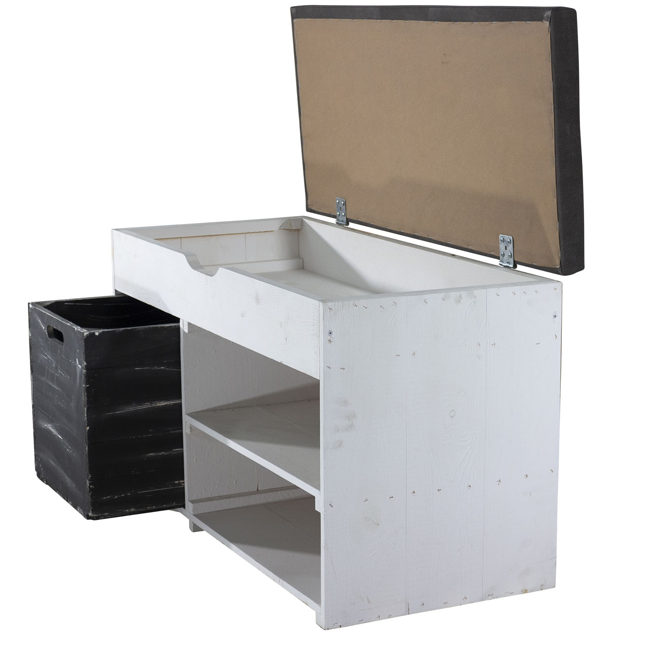 Weiße Sitzbank (Truhe) im Obstkisten Design mit Sitzpolster und Kallax Einschubkiste 90x52x39cm Weiße Sitzbank (Truhe) im Obstkisten Design mit Sitzpolster und Kallax Einschubkiste 90x52x39cm