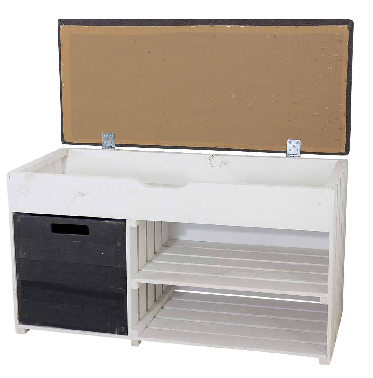 Gepolstertes, weißes Sitzregal mit Stauraum durch praktische schwarze Holzkiste / Regalboden / 90x52x39cm