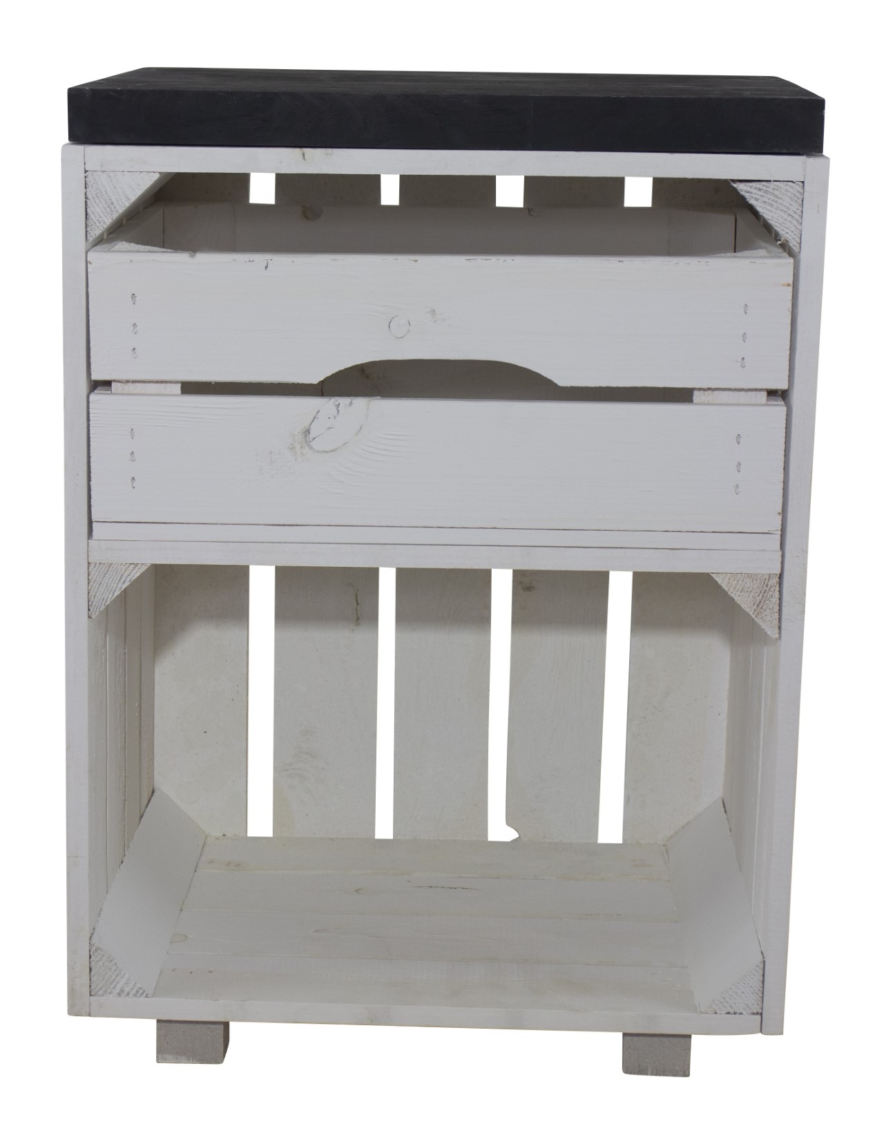 Weißer Nachttisch mit Schublade und einem schwarzen Bohlenbrett 30,5x40x57cm
