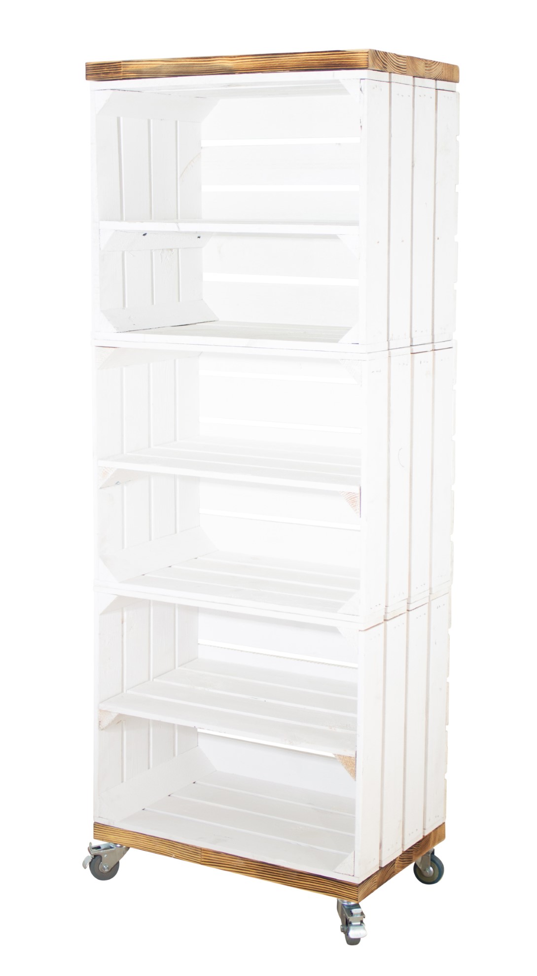 Regal aus 3 weißen Kisten mit 2 geflammten Bohlenbrettern auf Rollen, 133x50x30cm Regal aus 3 weißen Kisten mit 2 geflammten Bohlenbrettern auf Rollen, 133x50x30cm