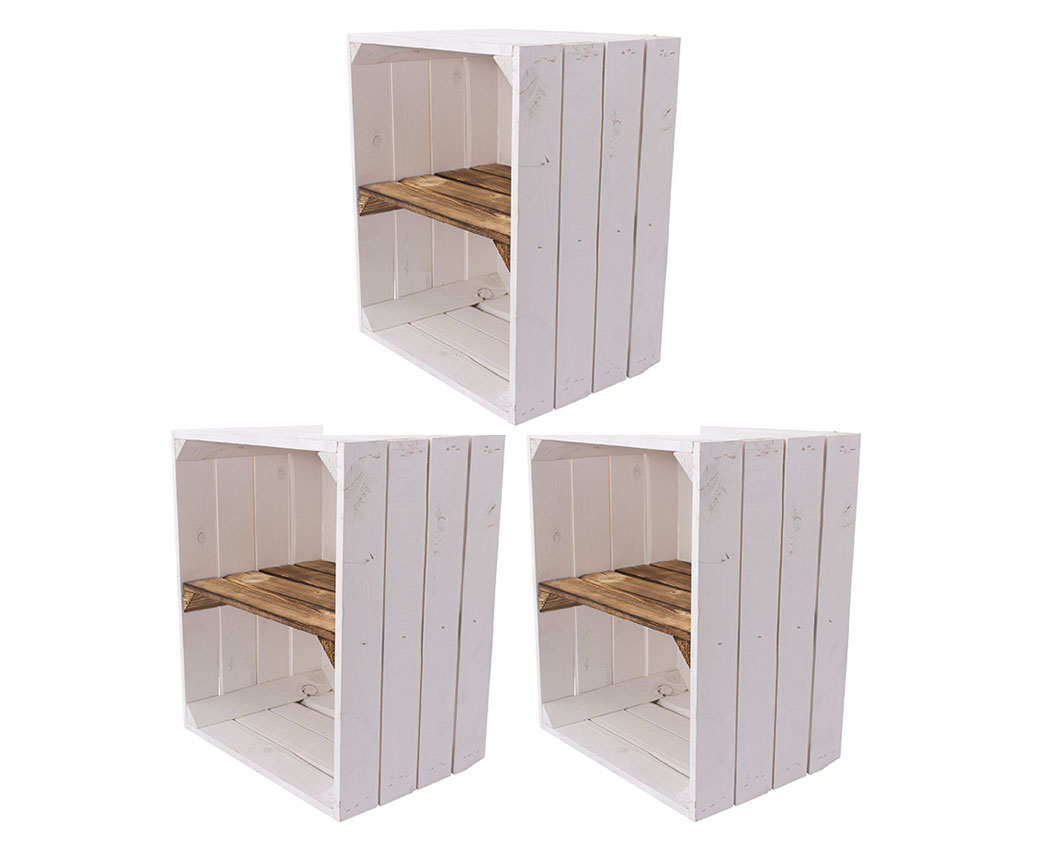 3 Weiße Holzkisten mit geflammtem Mittelbrett -kurz- 50x40x30cm