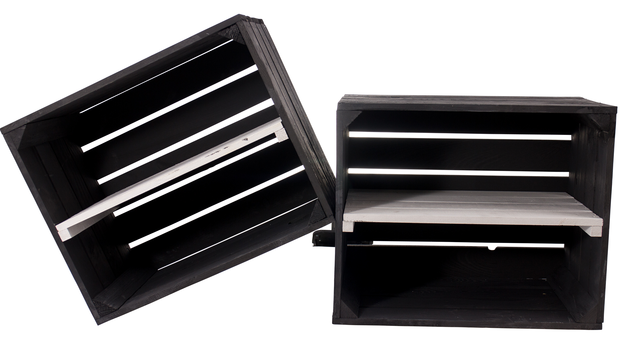 Schwarze Holzkiste mit weißem Mittelbrett -längs- 50x40x30cm Schwarze Holzkiste mit weißem Mittelbrett -längs- 50x40x30cm