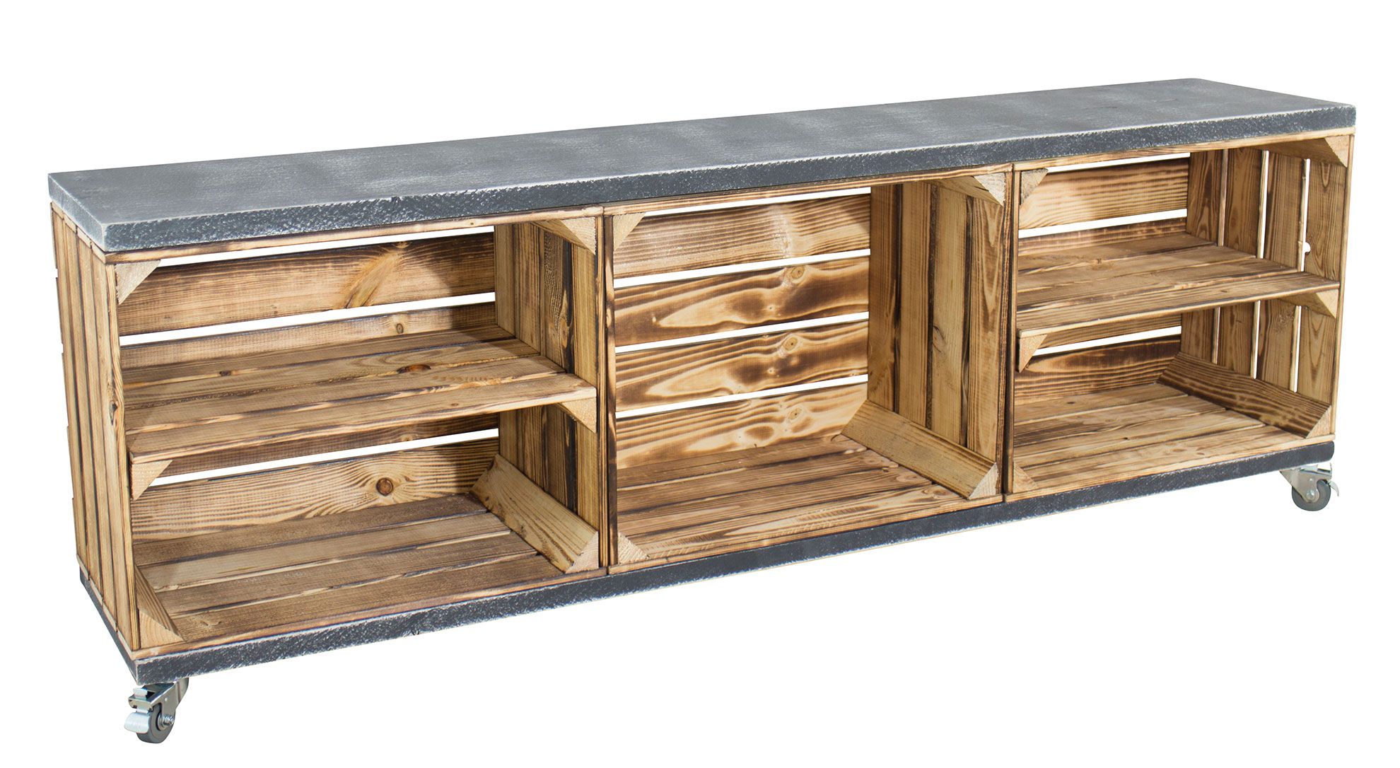 TV Schrank aus 3 geflammten Kisten mit 2 Bohlenbrettern in shabby schwarz auf Rollen, 150x53x30