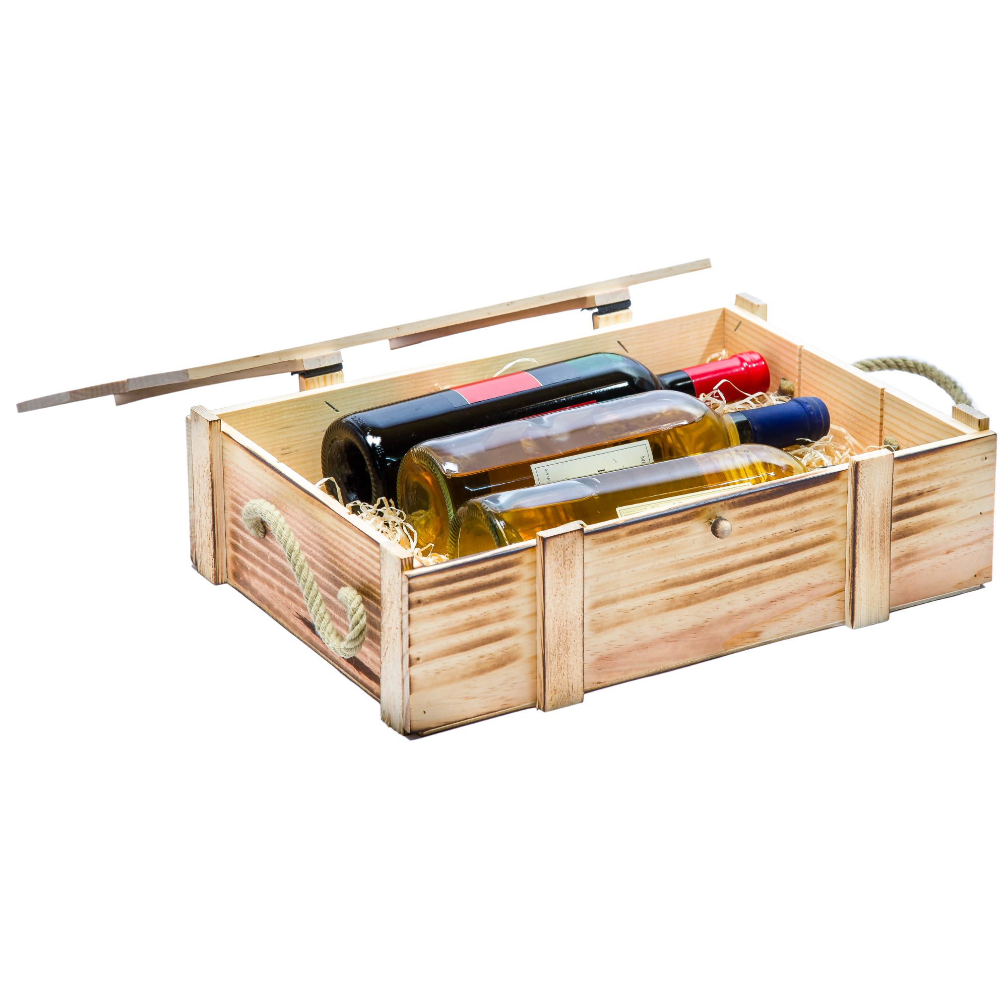 3er Weinkiste geflammt inkl. Holzwolle