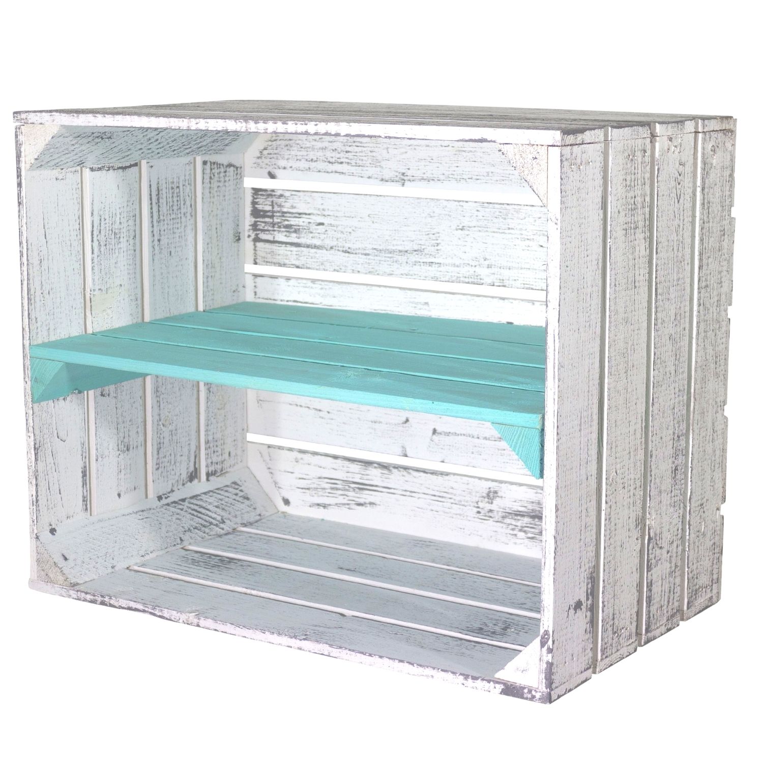 Shabby graue Obstkiste mit türkisem Mittelbrett 50 x 40 x 30cm Shabby graue Obstkiste mit türkisem Mittelbrett 50 x 40 x 30cm