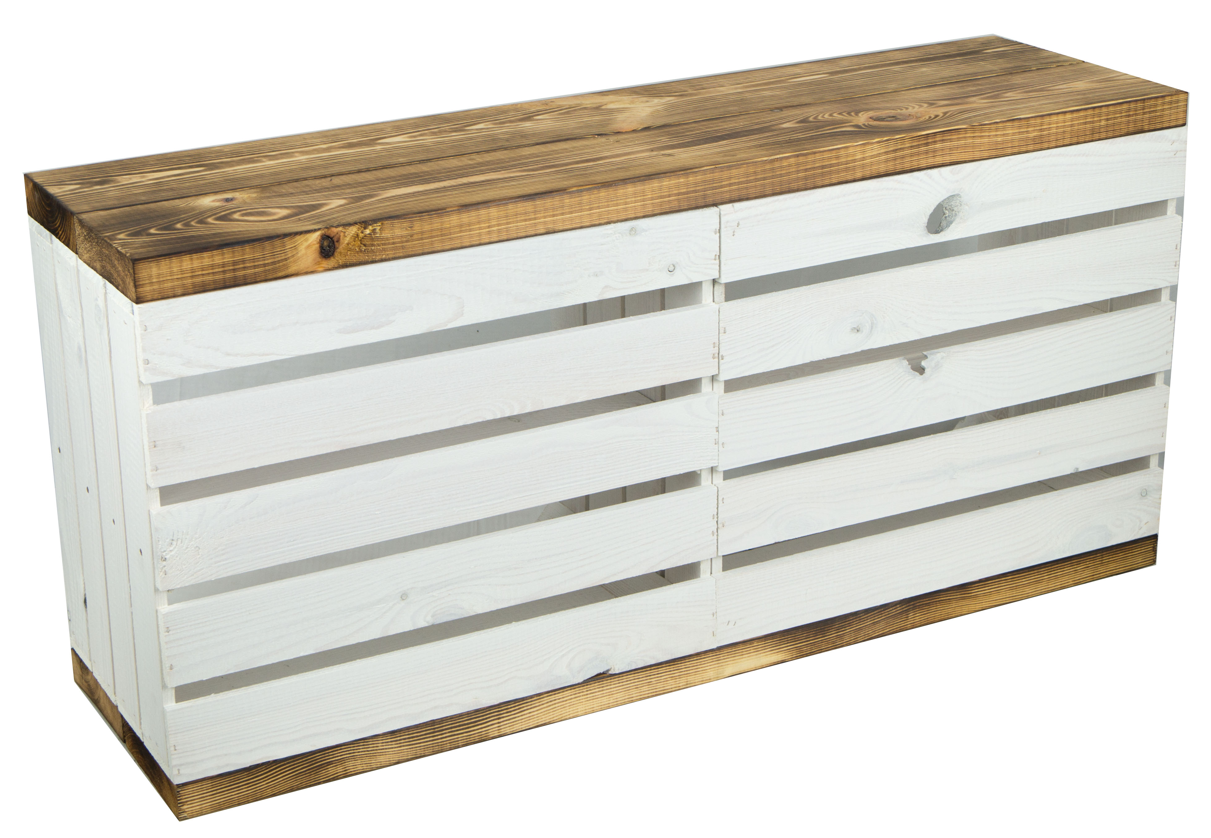 Sitzbank weiß mit Sitzfläche aus dicken Holzplanken geflammt mit Mittelbrett weiß