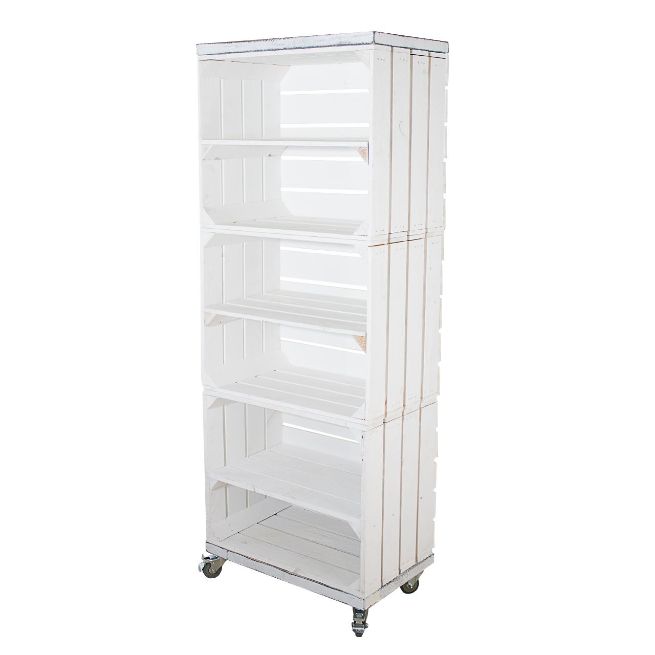 Regal aus 3 weißen Obstkisten mit 2 Bohlenbrettern in shabby weiß auf Rollen 133x50x30cm