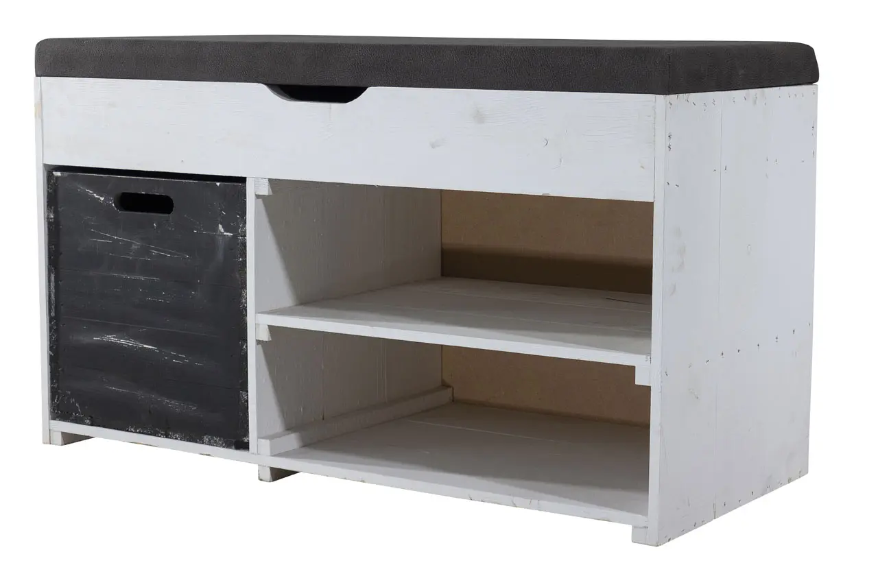 Weiße Sitzbank (Truhe) im Obstkisten Design mit Sitzpolster und Kallax Einschubkiste 90x52x39cm