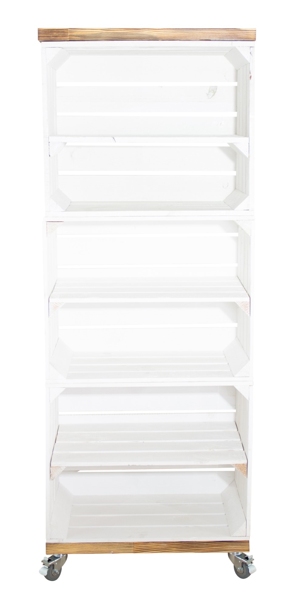 Regal aus 3 weißen Kisten mit 2 geflammten Bohlenbrettern auf Rollen, 133x50x30cm Regal aus 3 weißen Kisten mit 2 geflammten Bohlenbrettern auf Rollen, 133x50x30cm