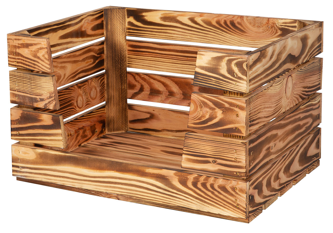 Katzenbett "Obstkiste" in geflammtem Holz ohne Kissen 50x40x30cm