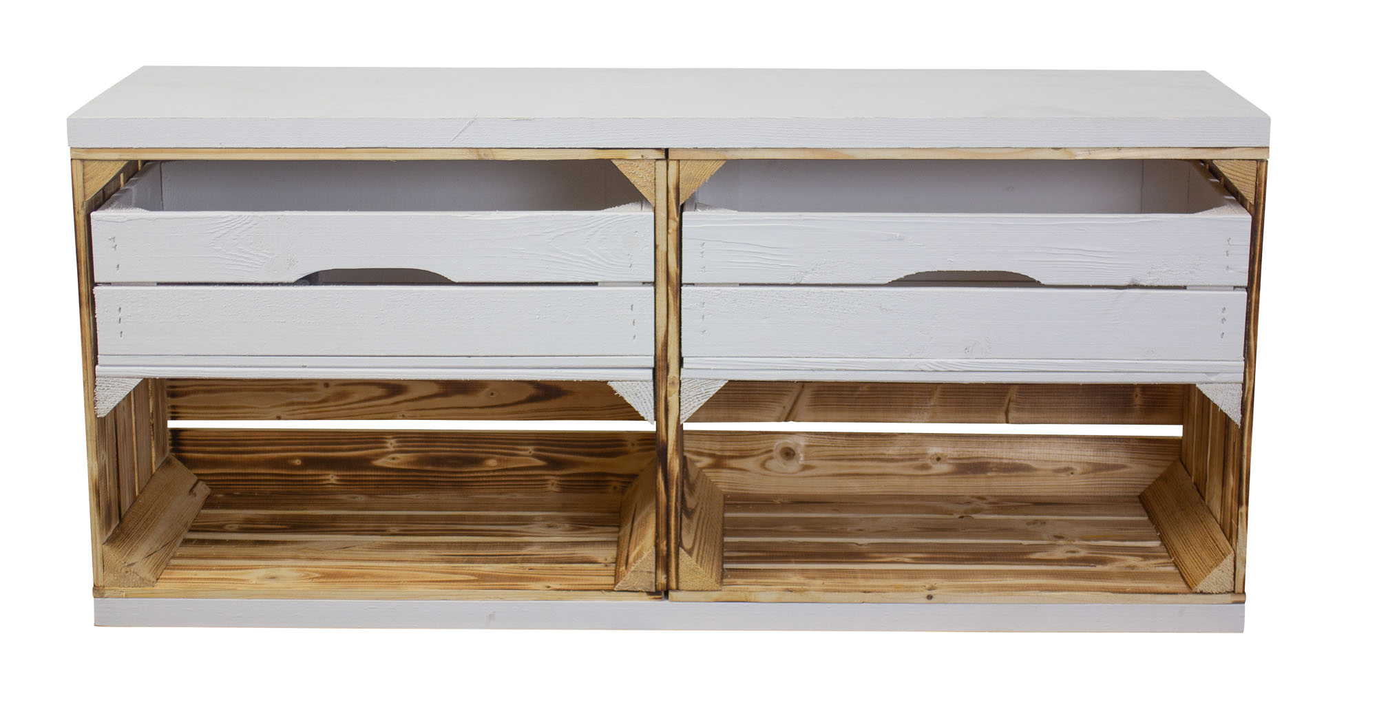 TV Lowboard aus 2 geflammten Kisten mit 2 Schubladen und 2 Bohlenbrettern 100x53x30