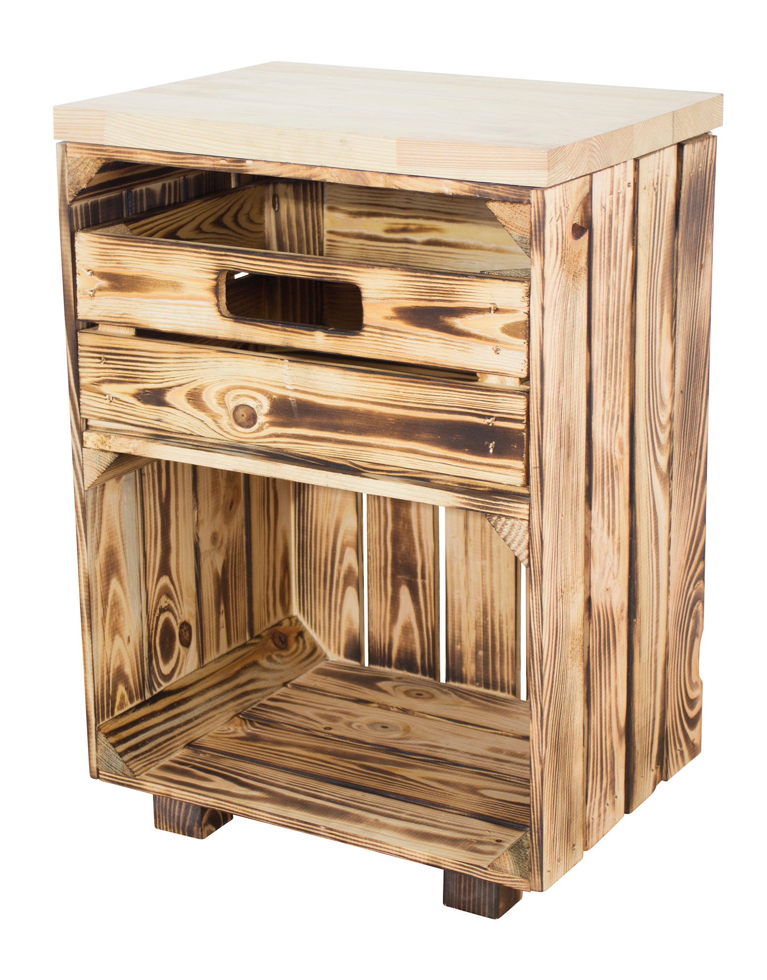 Geflammter Nachttisch mit Schublade und Bohlenbrett in natur auf Füßen 40x57x30 Geflammter Nachttisch mit Schublade und Bohlenbrett in natur auf Füßen 40x57x30