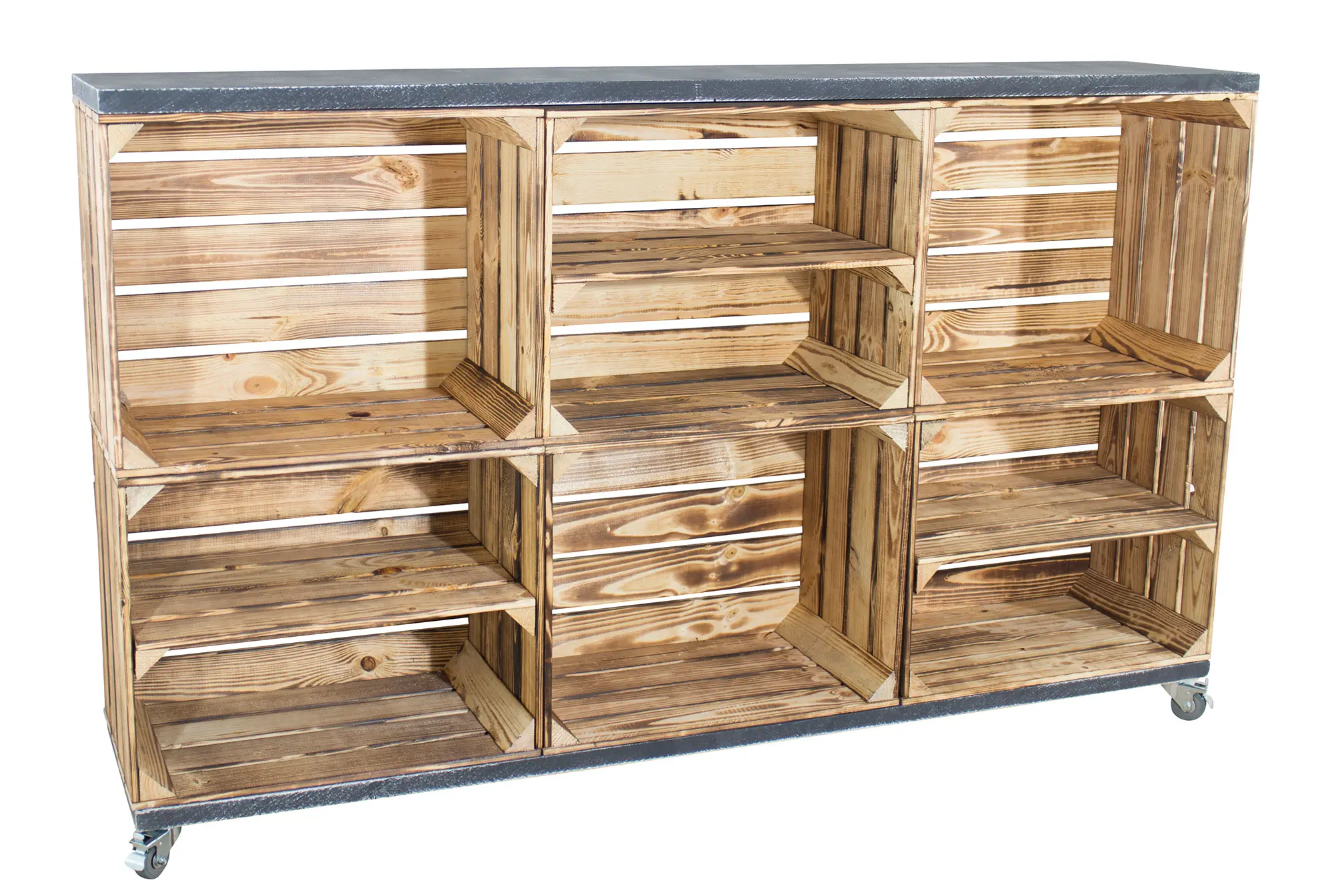 Kommode aus 6 geflammten Kisten mit 2 shabby schwarzen Bohlenbrettern auf Rollen 150x93x30 Kommode aus 6 geflammten Kisten mit 2 shabby schwarzen Bohlenbrettern auf Rollen 150x93x30