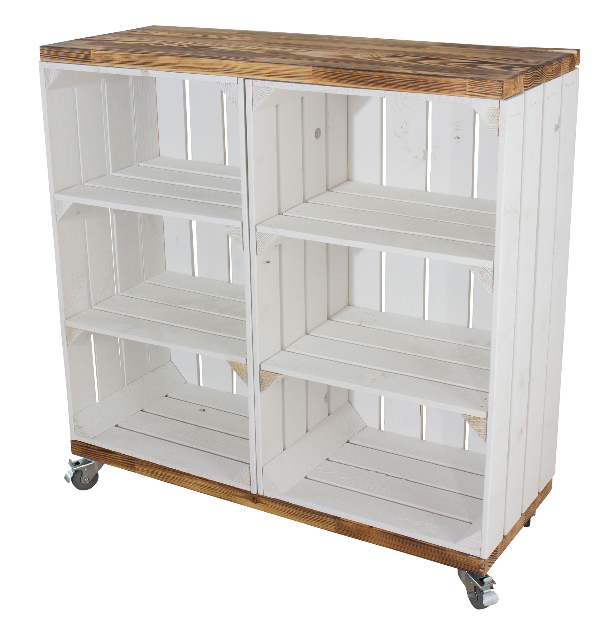 Regal aus 2 hohen weißen Kisten mit 2 geflammten Bohlenbrettern auf Rollen, 80x80x30cm Regal aus 2 hohen weißen Kisten mit 2 geflammten Bohlenbrettern auf Rollen, 80x80x30cm