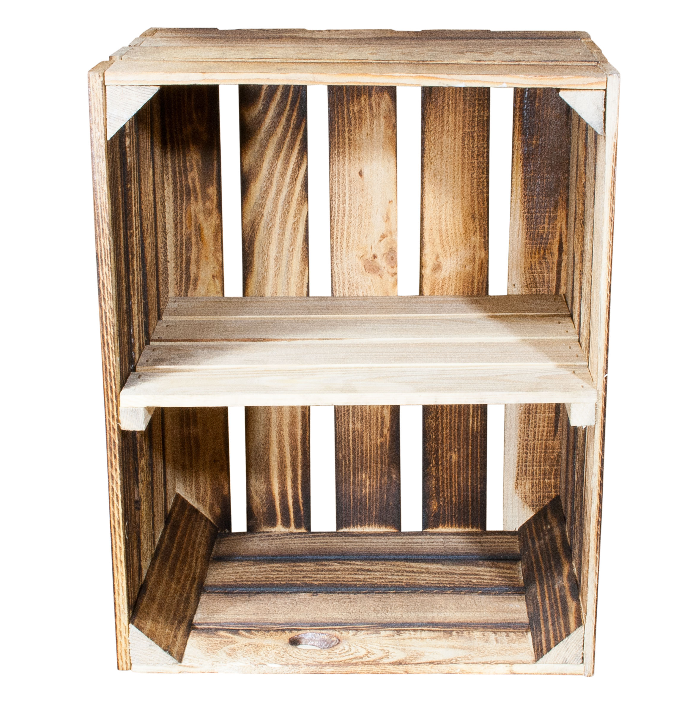 Geflammte Holzkiste mit Mittelbrett in natur -quer- 50x40x30cm Geflammte Holzkiste mit Mittelbrett in natur -quer- 50x40x30cm