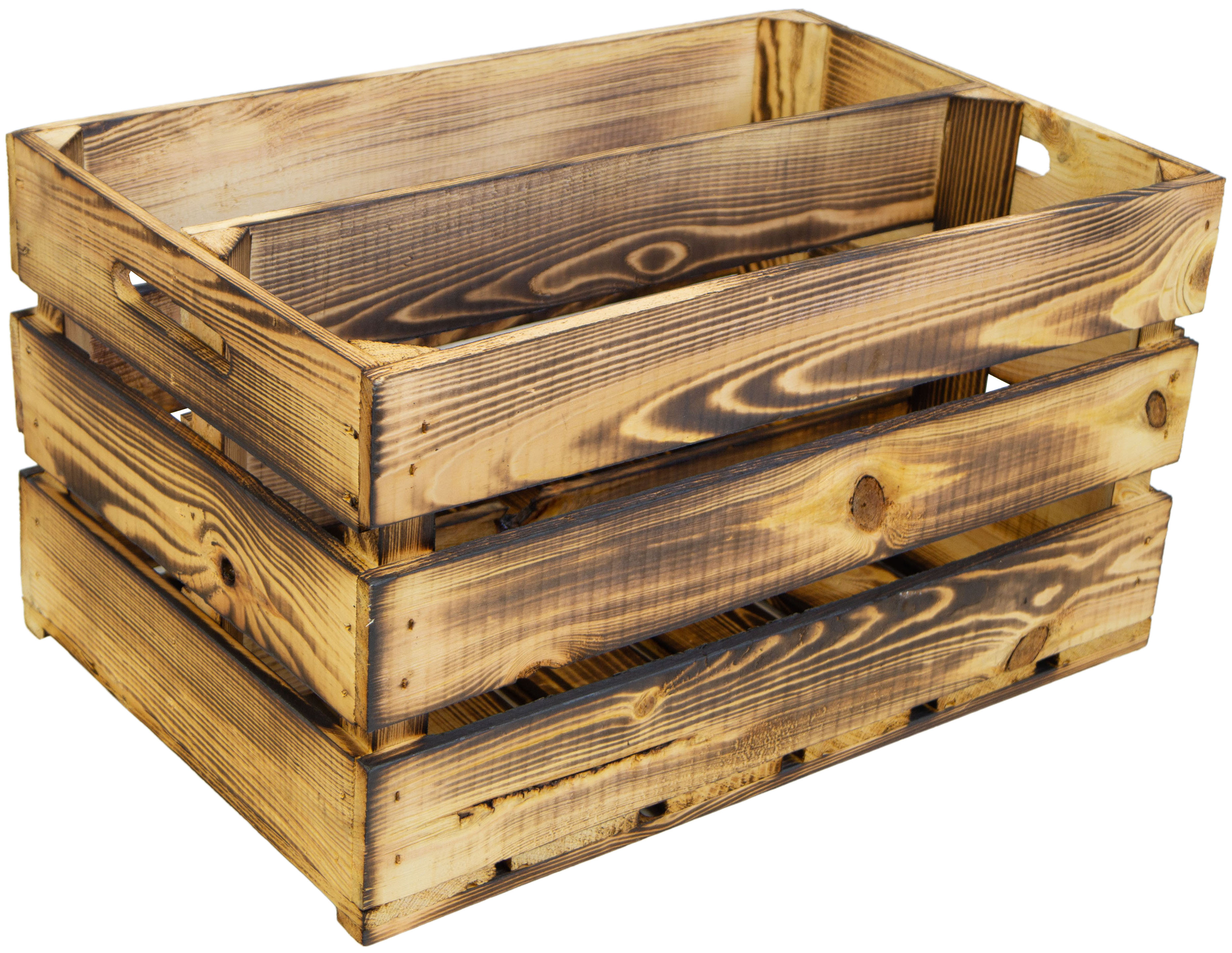 Holzkiste Elfriede geflammt mit Mittelbrett längs 54x30x35cm Holzkiste Elfriede geflammt mit Mittelbrett längs 54x30x35cm