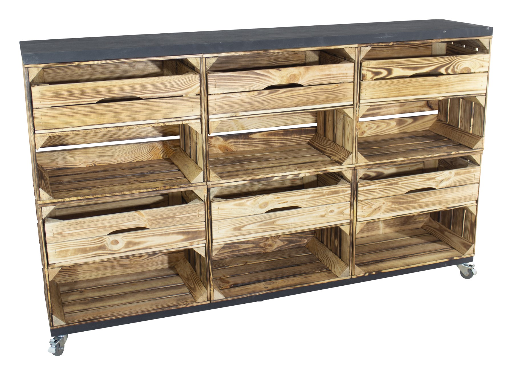 Raumtrenner/ Kommode aus geflammten Kisten mit 2 Bohlenbrettern in schwarz auf Rollen 150x93x30cm Raumtrenner/ Kommode aus geflammten Kisten mit 2 Bohlenbrettern in schwarz auf Rollen 150x93x30cm