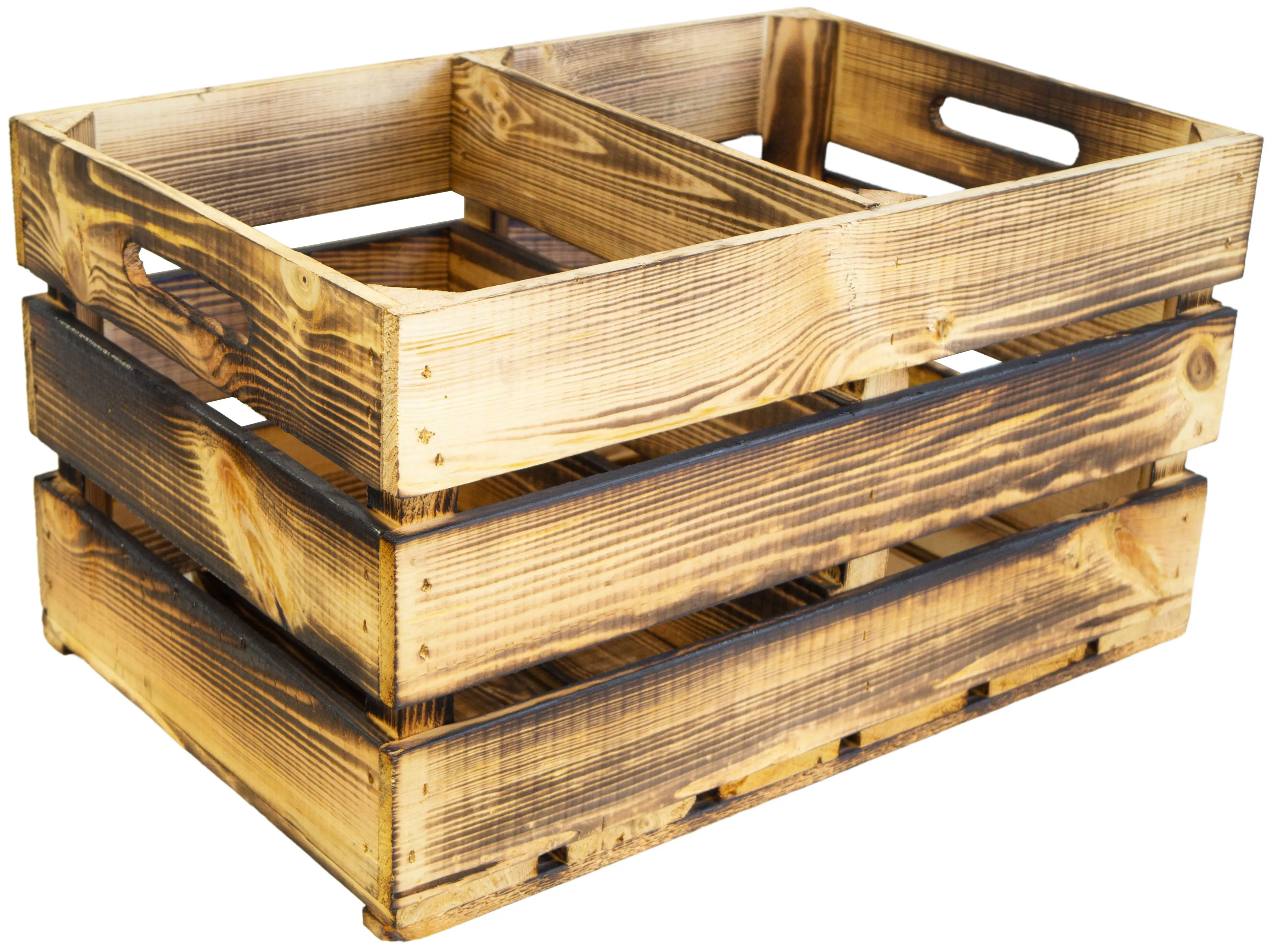 Holzkiste Elfriede geflammt mit Mittelbrett quer 54x30x35cm Holzkiste Elfriede geflammt mit Mittelbrett quer 54x30x35cm