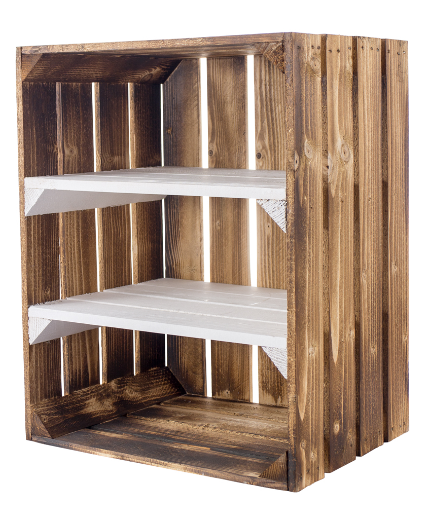 Geflammte Holzkiste mit 2 weißen Mittelbrettern -quer- 50x40x30cm Geflammte Holzkiste mit 2 weißen Mittelbrettern -quer- 50x40x30cm