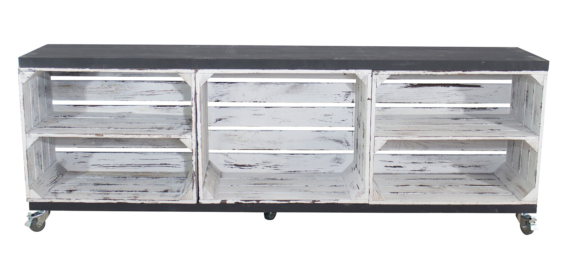 TV Schrank aus 3 Kisten in grau vintage mit 2 Bohlenbrettern in schwarz auf Rollen, 150x53x30