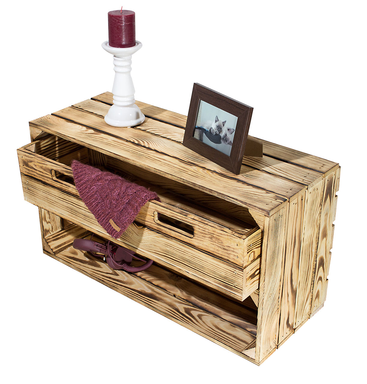 Breite geflammte Kiste mit Schublade 68x40,5x31cm 2er Set Tosca Kiste geflammt mit Schublade