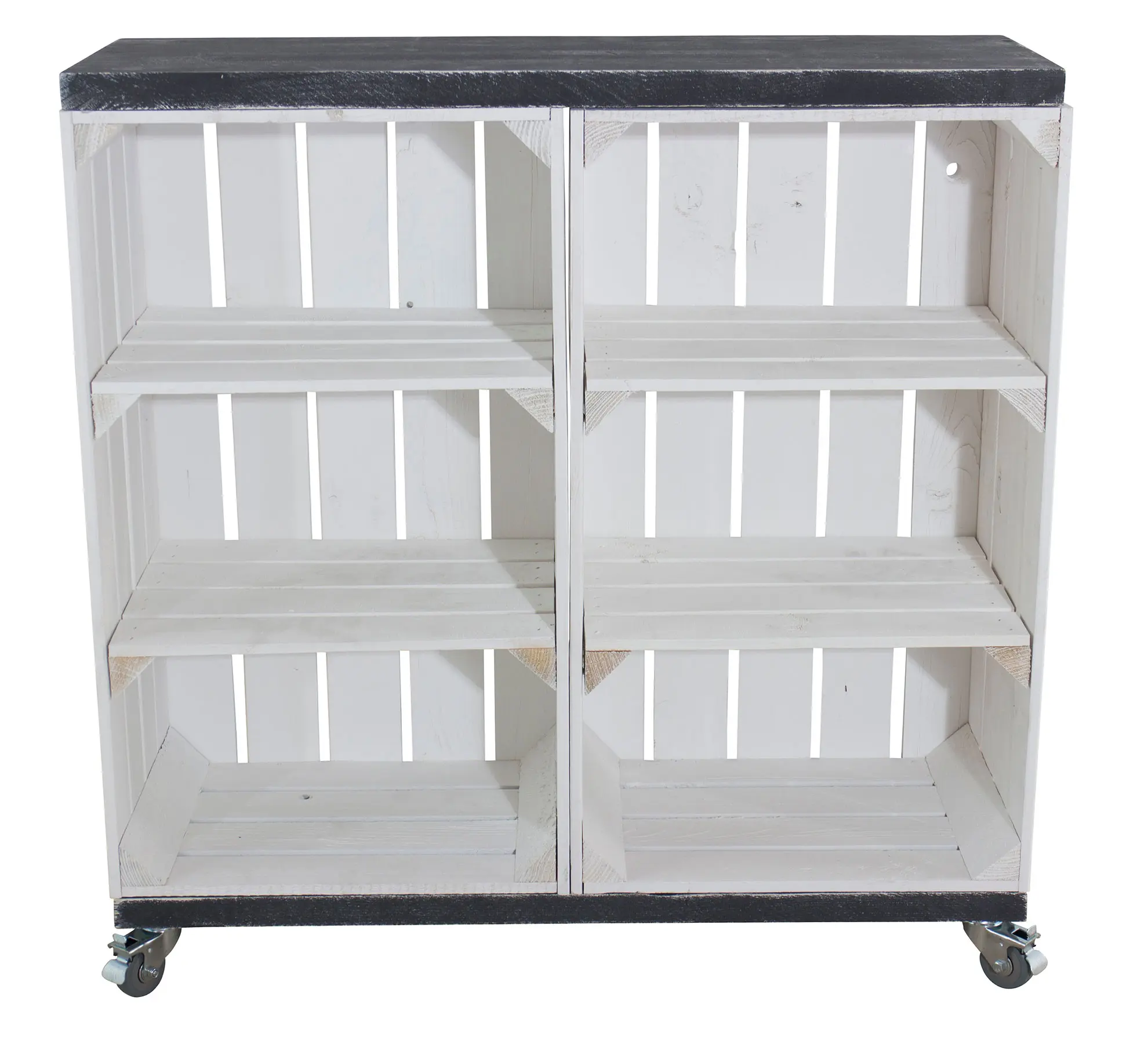 Regal aus zwei weißen Holzkisten mit Shabby schwarzen Bohlenbrettern und Rollen, 81x80x30cm