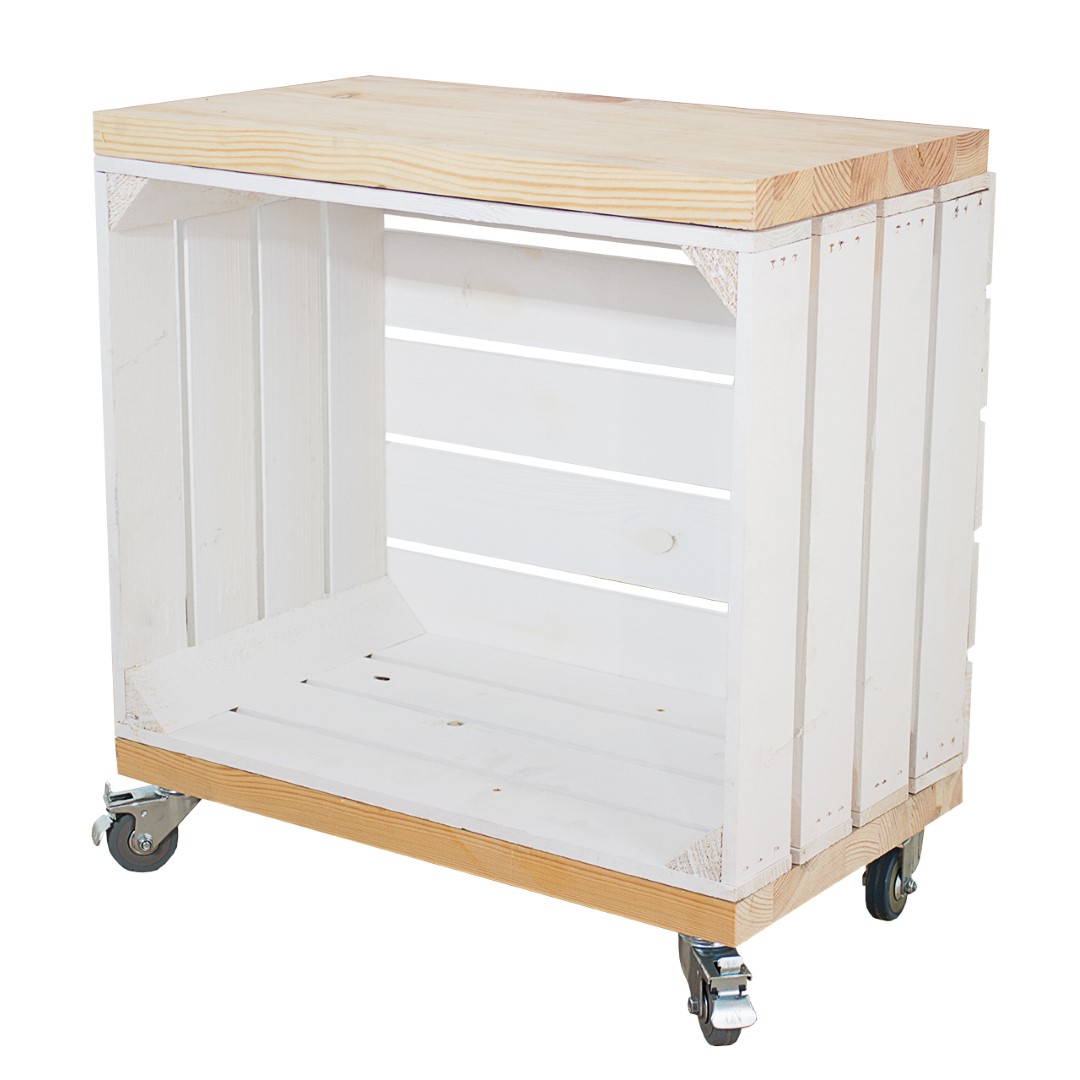 Regal aus weißer Obstkiste mit zwei Bohlenbrettern im Naturton, auf Rollen 53x50x30cm Regal aus weißer Obstkiste mit zwei Bohlenbrettern im Naturton, auf Rollen 53x50x30cm