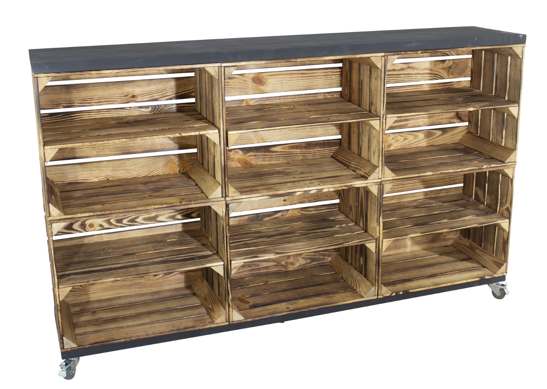 Raumtrenner / Kommode aus geflammten Kisten mit 2 Bohlenbrettern in schwarz auf Rollen 150x93x30cm Raumtrenner / Kommode aus geflammten Kisten mit 2 Bohlenbrettern in schwarz auf Rollen 150x93x30cm