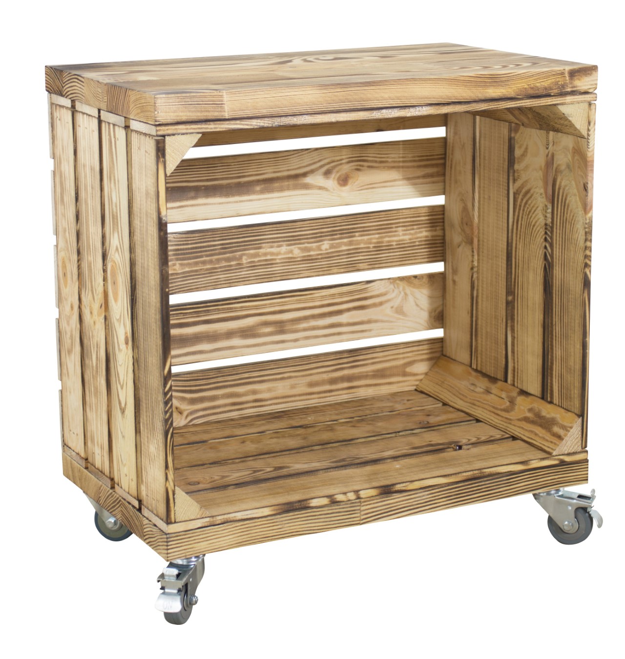 Beistelltisch aus einer geflammten Kiste mit 2 Bohlenbrettern auf Rollen 53x50x30cm Beistelltisch aus einer geflammten Kiste mit 2 Bohlenbrettern auf Rollen 53x50x30cm