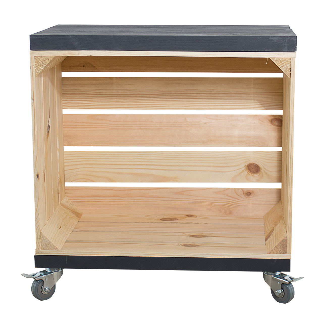 Regal aus einer Obstkiste im Naturton mit zwei Bohlenbrettern in Schwarz, auf Rollen 53x50x30cm Regal aus einer Obstkiste im Naturton mit zwei Bohlenbrettern in Schwarz, auf Rollen 53x50x30cm