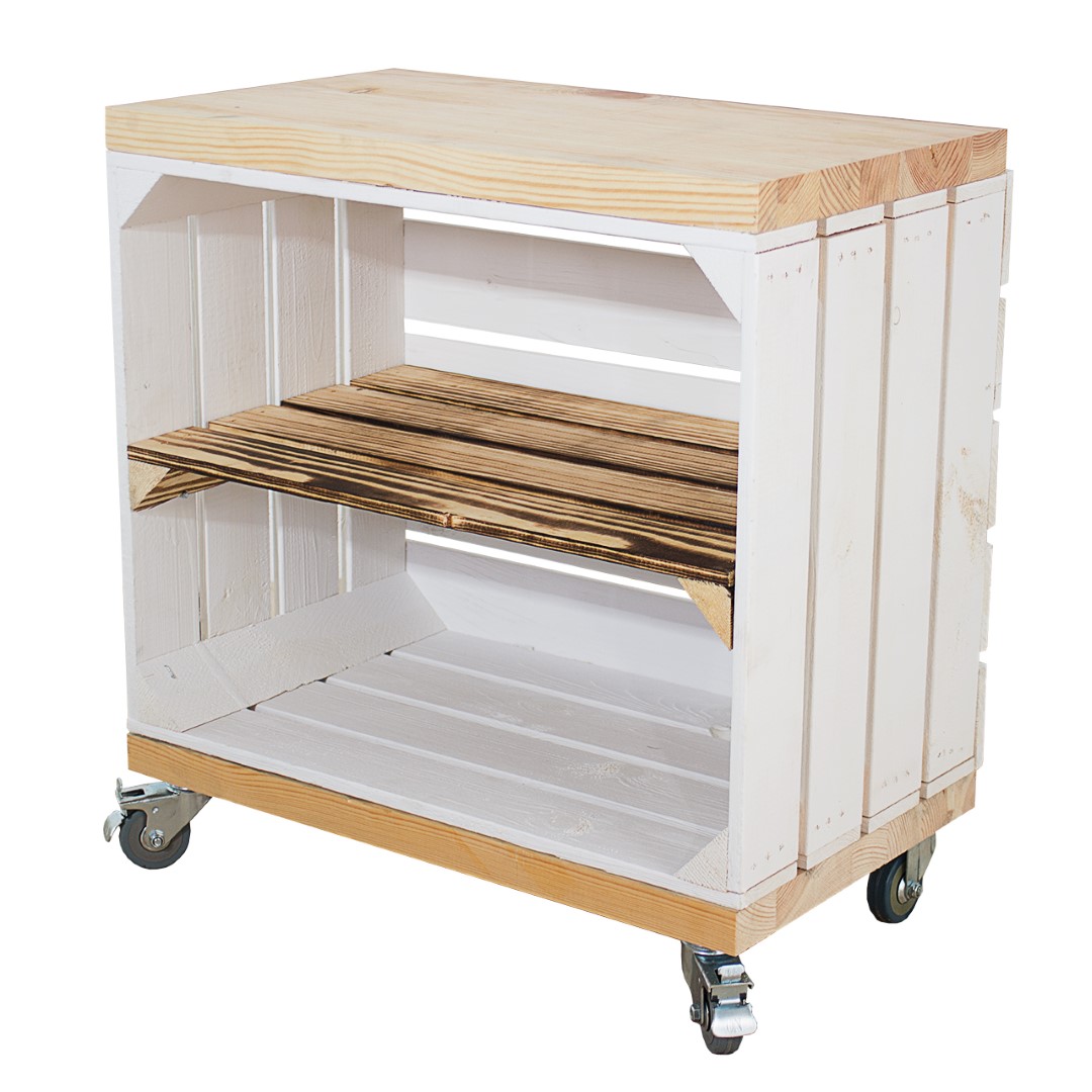 Regal aus weißer Obstkiste mit geflammtem Mittelbrett und zwei Bohlenbrettern im Naturton, auf Rollen 53x50x30cm Regal aus weißer Obstkiste mit geflammtem Mittelbrett und zwei Bohlenbrettern im Naturton, auf Rollen 53x50x30cm