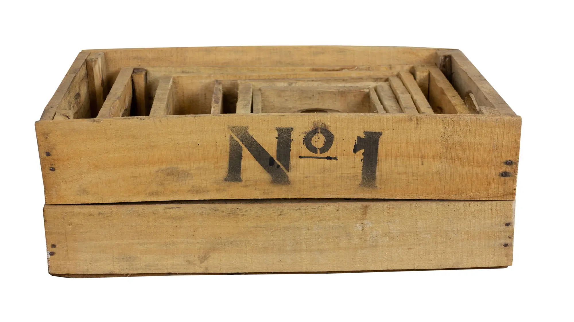 Holzkisten-Set aus 6 alten Kisten mit Aufdruck