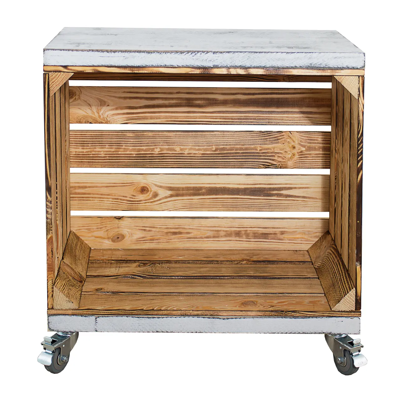 Regal aus einer geflammten Obstkiste mit 2 Bohlenbrettern in shabby weiß auf Rollen 53x50x30cm Regal aus einer geflammten Obstkiste mit 2 Bohlenbrettern in shabby weiß auf Rollen 53x50x30cm