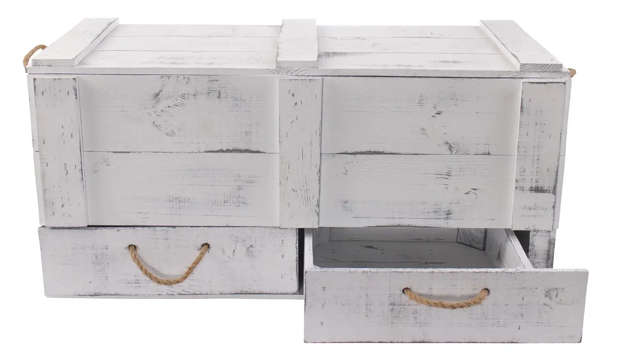 XXL Holztruhe Shabby mit 2 Schubladen und Kordel 85 x 39 x 40 cm