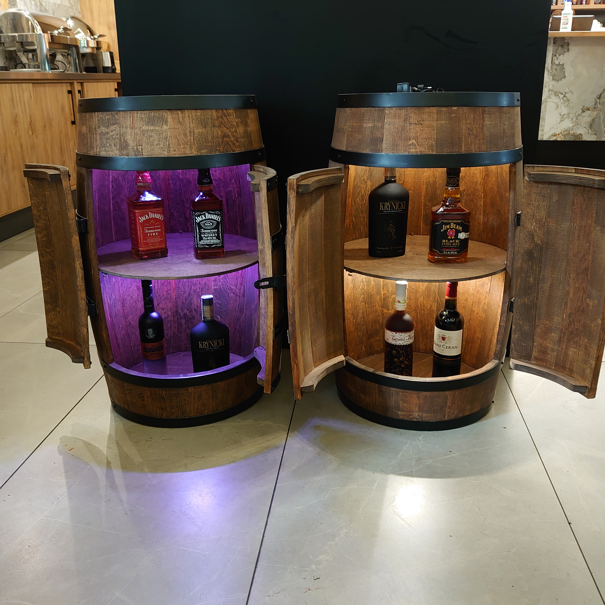 Holzfass mit Türen in Farbton Wenge Hausbar mit LED  – Weinregal & Flaschenständer, Bar oder Partykeller – ca. 80 cm LED Mehrfarbig
