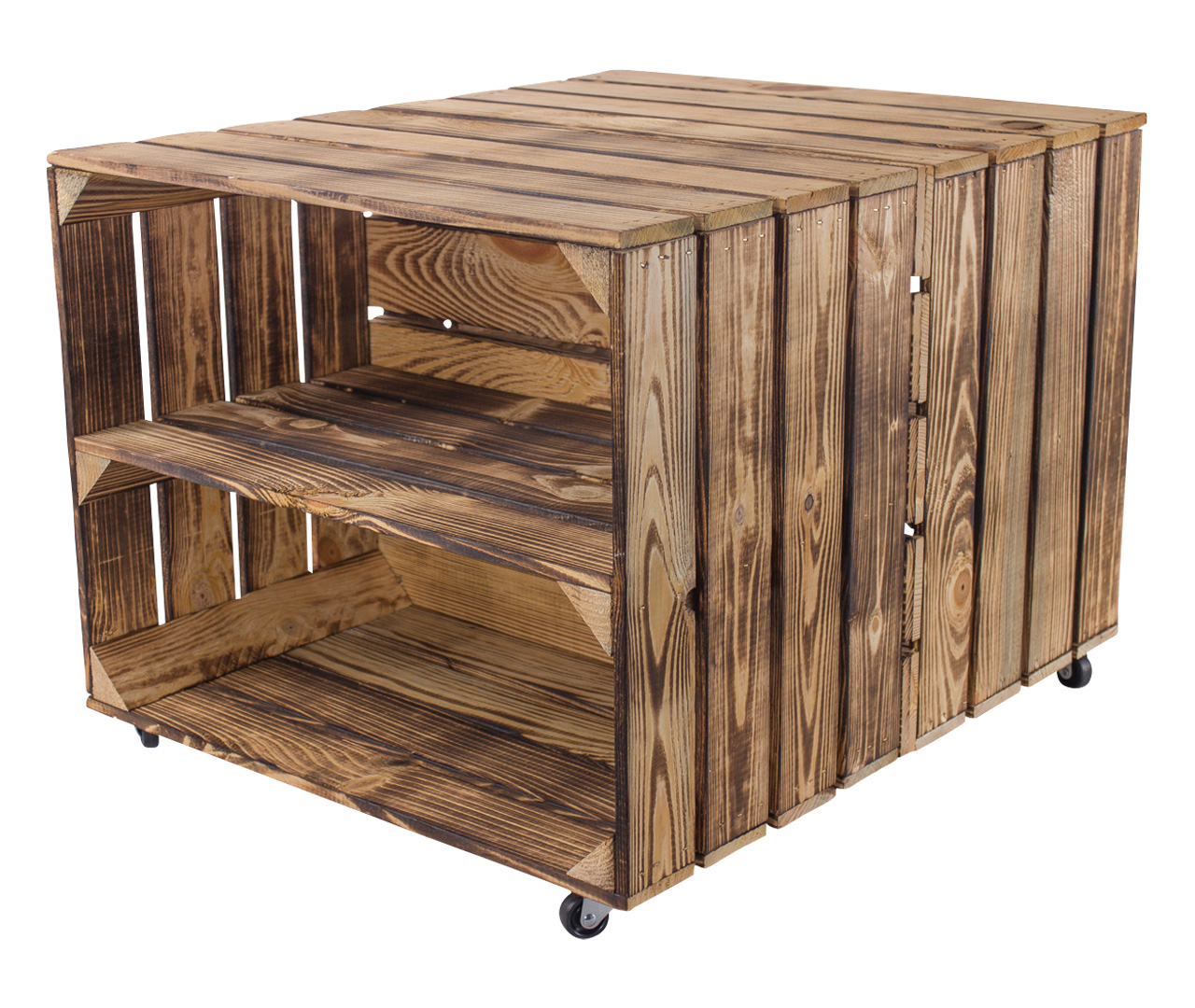 Beistelltisch aus geflammten Kisten mit Regalbrett 50x40x60cm