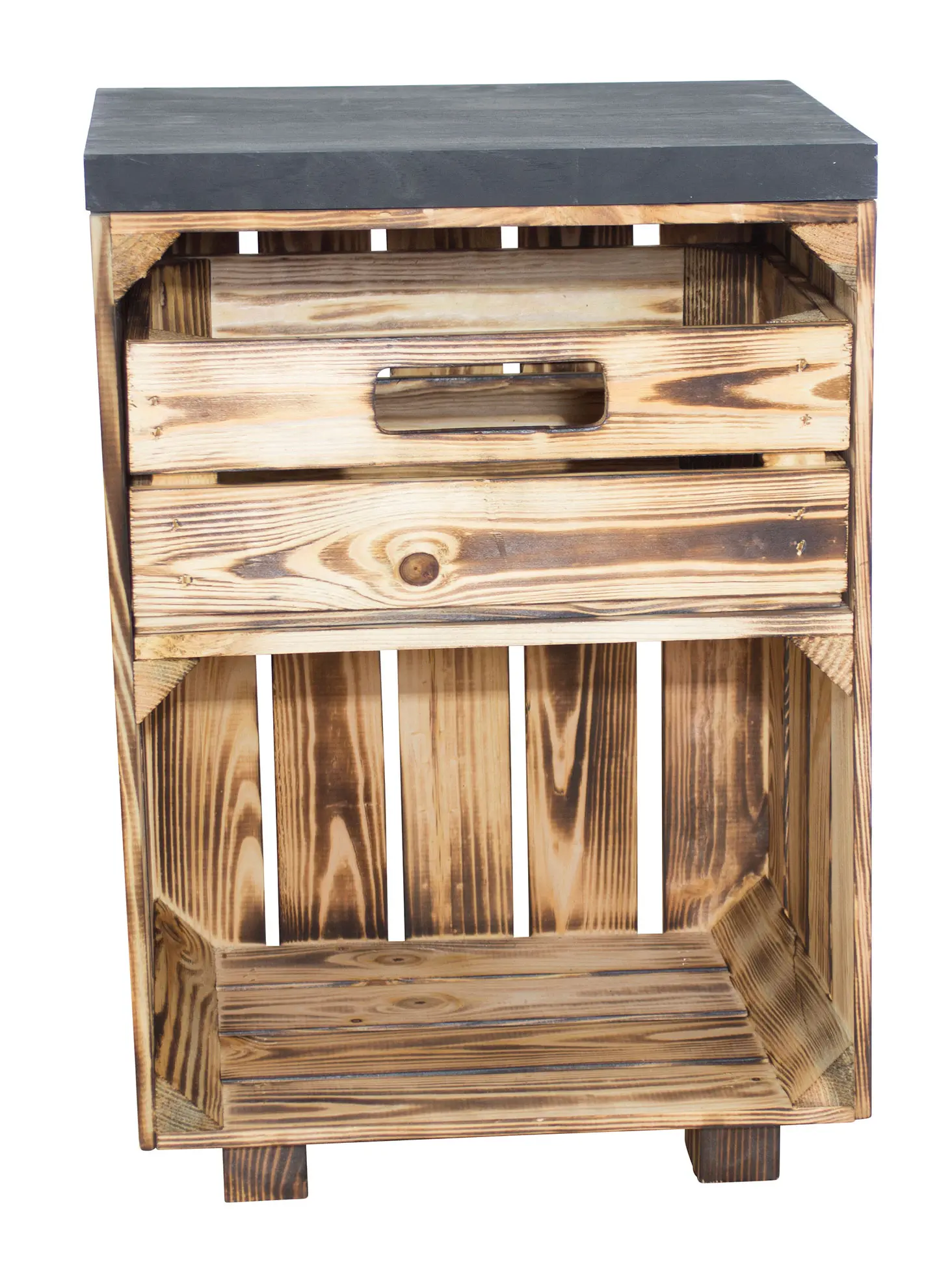 Nachttisch in geflammt mit Schublade und schwarzem Bohlenbrett auf Füßen, 40x57x30 Nachttisch in geflammt mit Schublade und schwarzem Bohlenbrett auf Füßen, 40x57x30