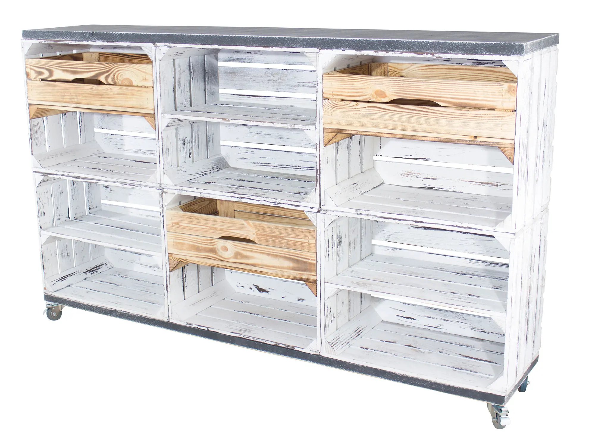 Kommode/ Raumtrenner aus 6 shabby weißen Kisten mit 3 geflammten Schubladen sowie 2 Bohlenbrettern auf Rollen, 150x93x30 Kommode/ Raumtrenner aus 6 shabby weißen Kisten mit 3 geflammten Schubladen sowie 2 Bohlenbrettern auf Rollen, 150x93x30