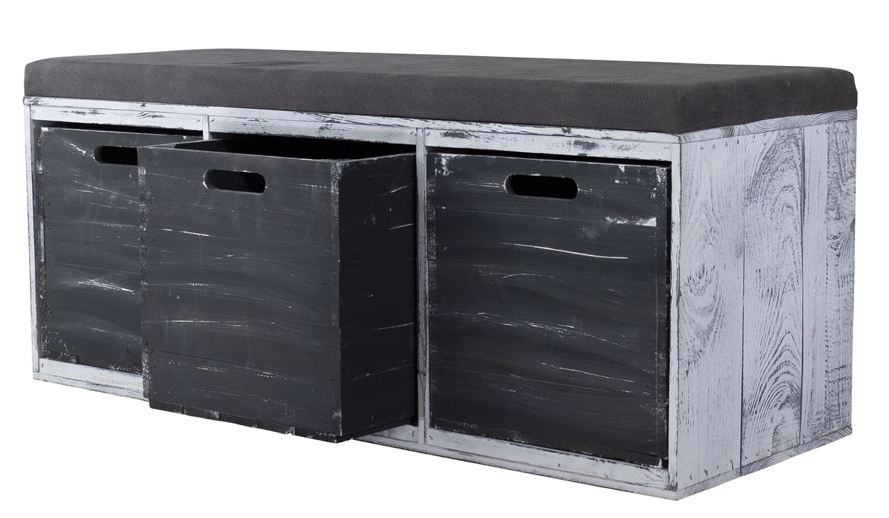Tolle Sitzbank Shabby Schwarz gepolstert, mit drei geräumigen Kallax Kisten