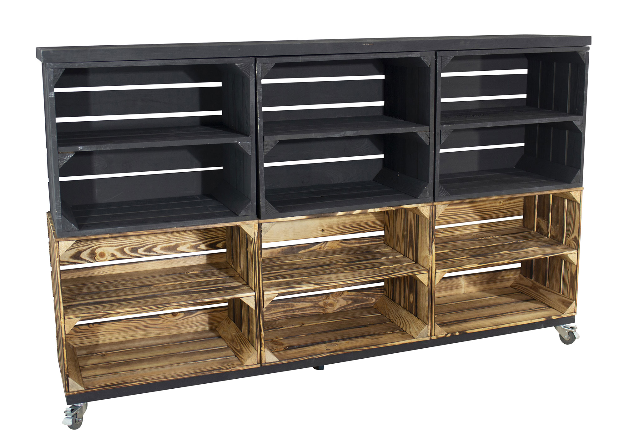 Kommode aus 6 Kisten ( 3 schwarze und 3 geflammte) mit 2 schwarzen Bohlenbrettern auf Rollen 150x93x30cm Kommode aus 6 Kisten ( 3 schwarze und 3 geflammte) mit 2 schwarzen Bohlenbrettern auf Rollen 150x93x30cm