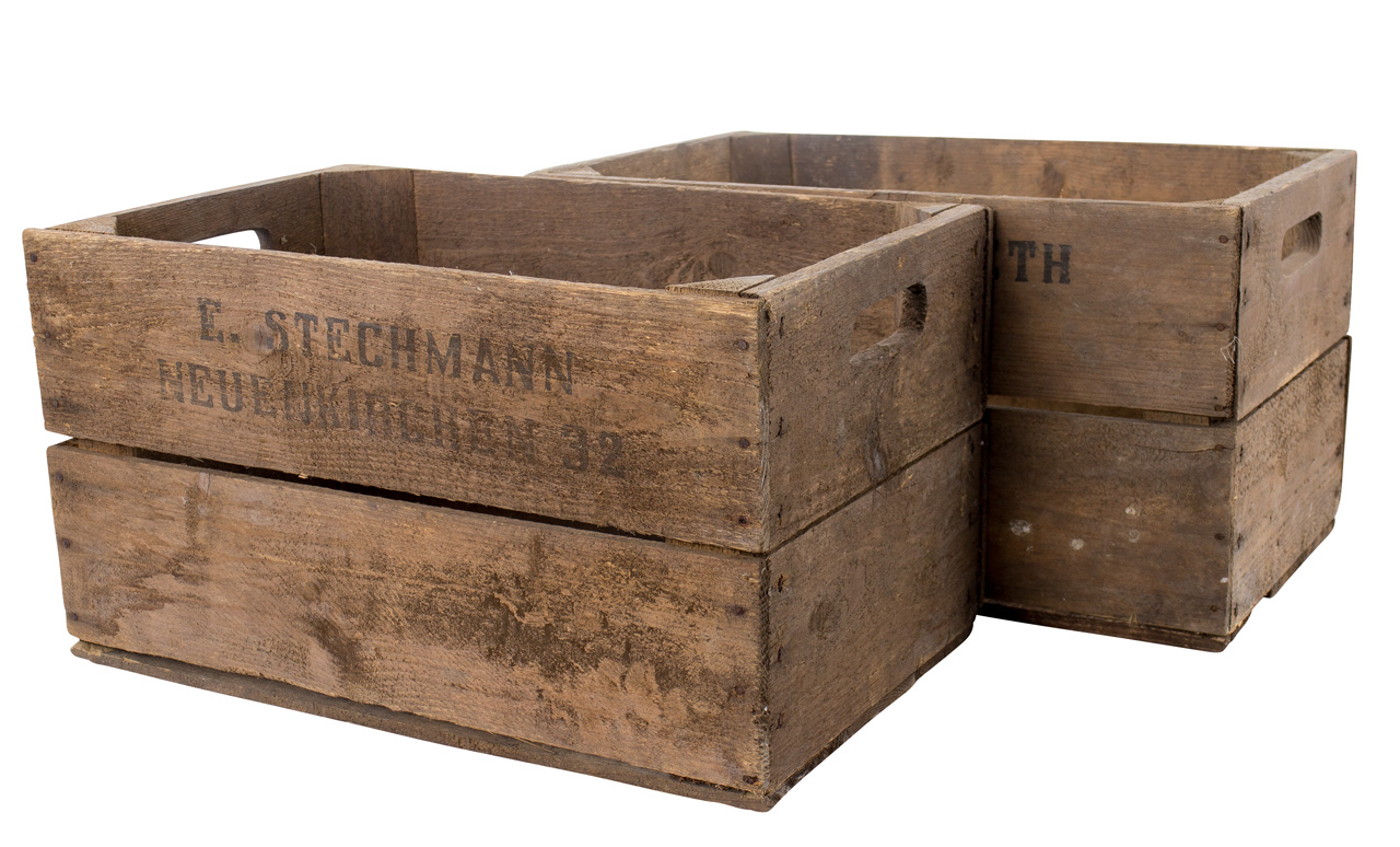 4x /// B-Ware /// Alte Birnenkiste mit zwei Seitenbrettern 49x30x28cm