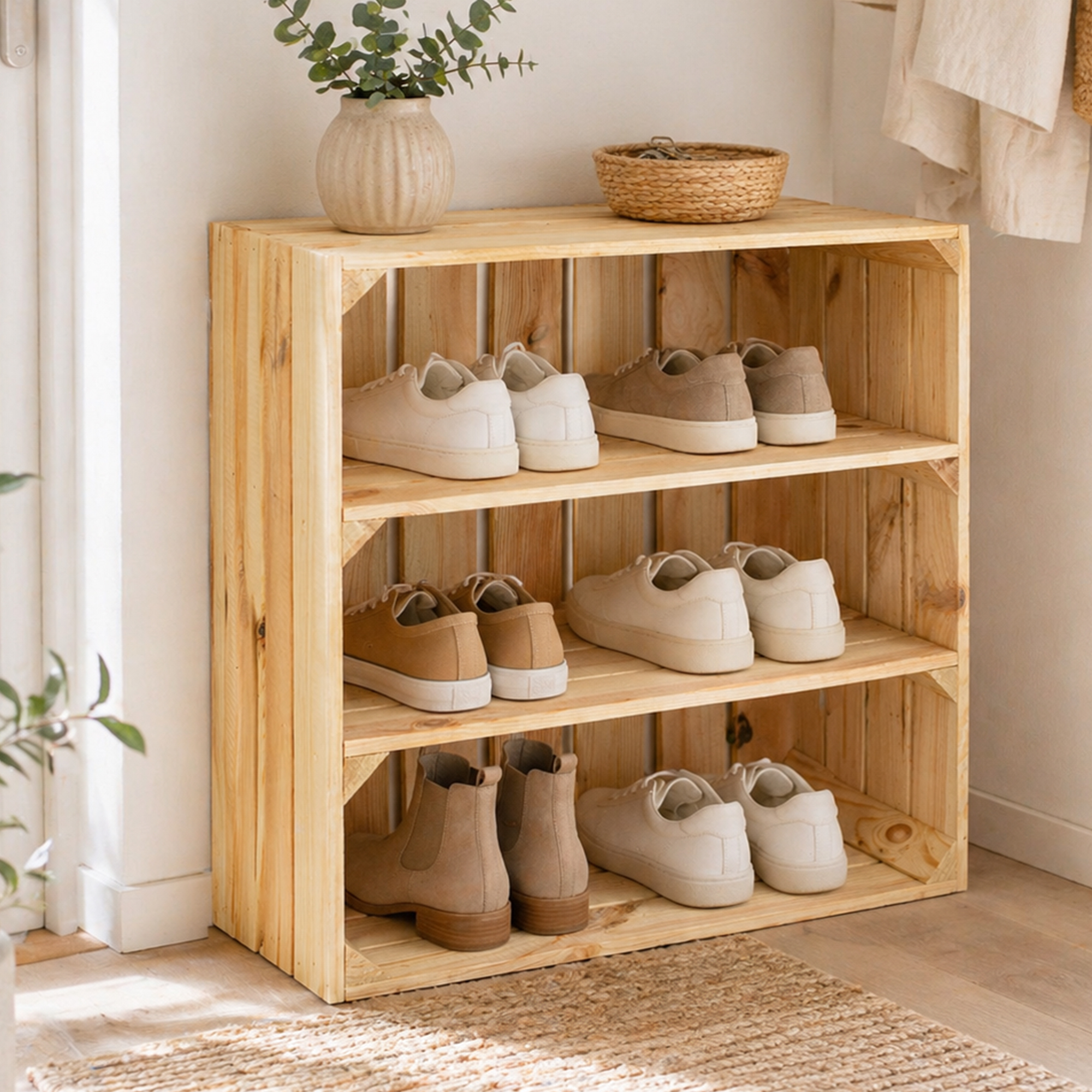 Regalkiste Tamme Natur mit 3 Fächern Natur 55x55x30cm