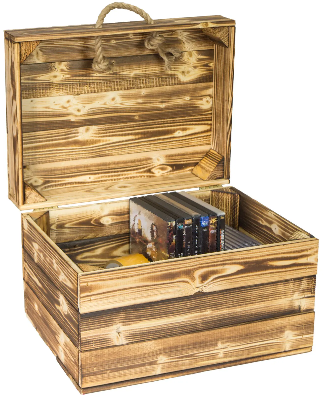 Holzkiste in geflammt mit Deckel und Hanfkordel Geschenkekiste 40 x 30 x 27cm Holzkiste in geflammt mit Deckel und Hanfkordel Geschenkekiste 40 x 30 x 27cm